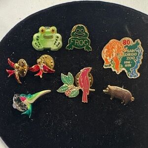 Animal Enamel Brooch Set with Green, Red, and Gold Accents